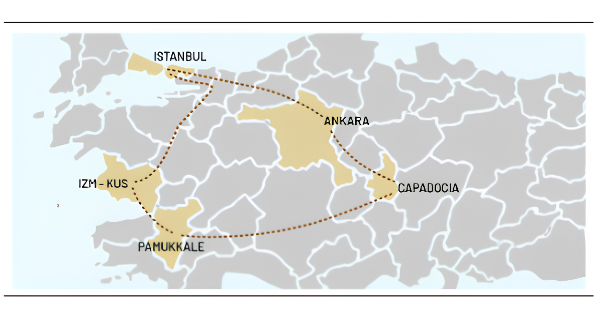 Mapa del circuito por Turquía: Estambul, Ankara, Capadocia, Pamukkale, Éfeso e Izmir